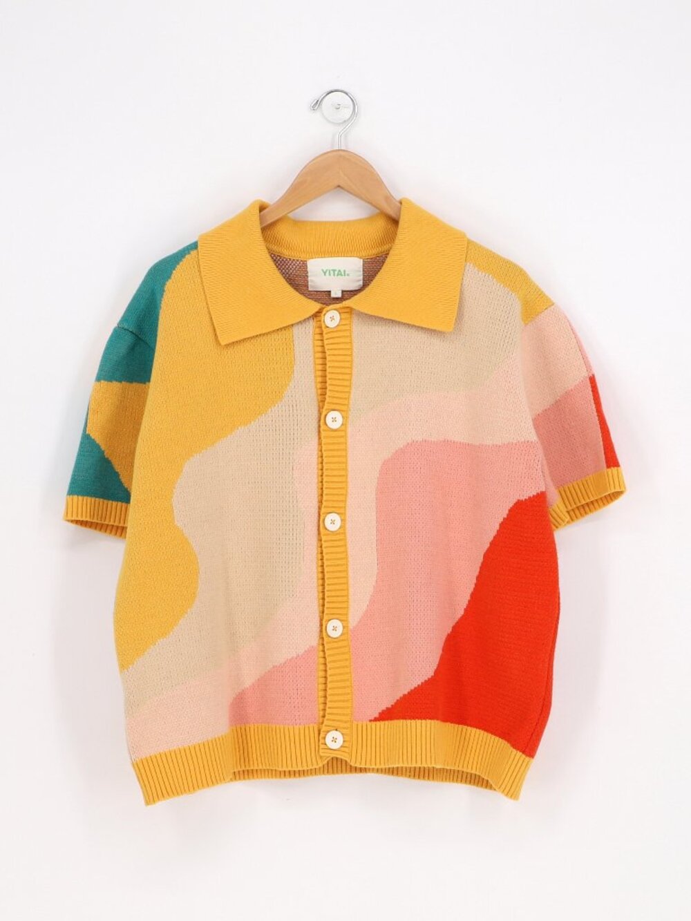 YITAI "New Wave" Men's Short Sleeve Button Down Retro Knit Cardigan Size L